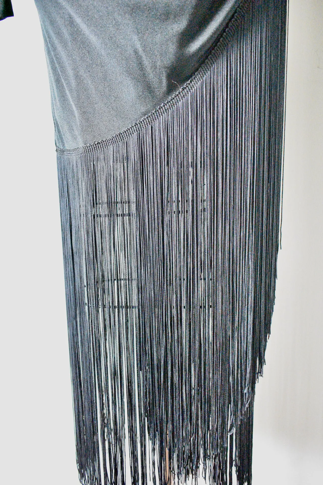 Vintage 1970s Betsy Adam Black Evening Dress with Fringe