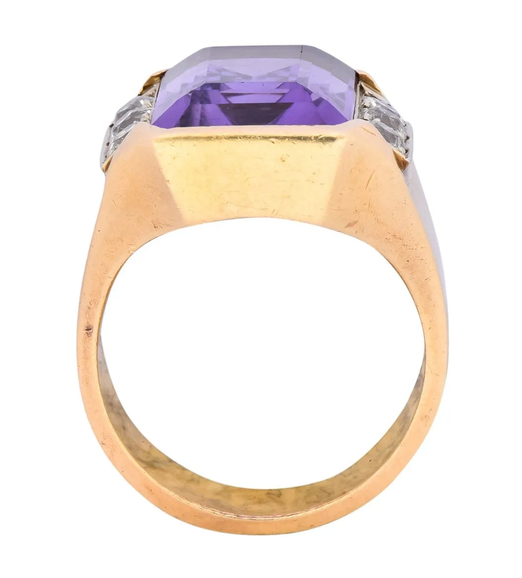 Vintage Emerald Cut Amethyst Diamond 14 Karat Gold Statement Ring