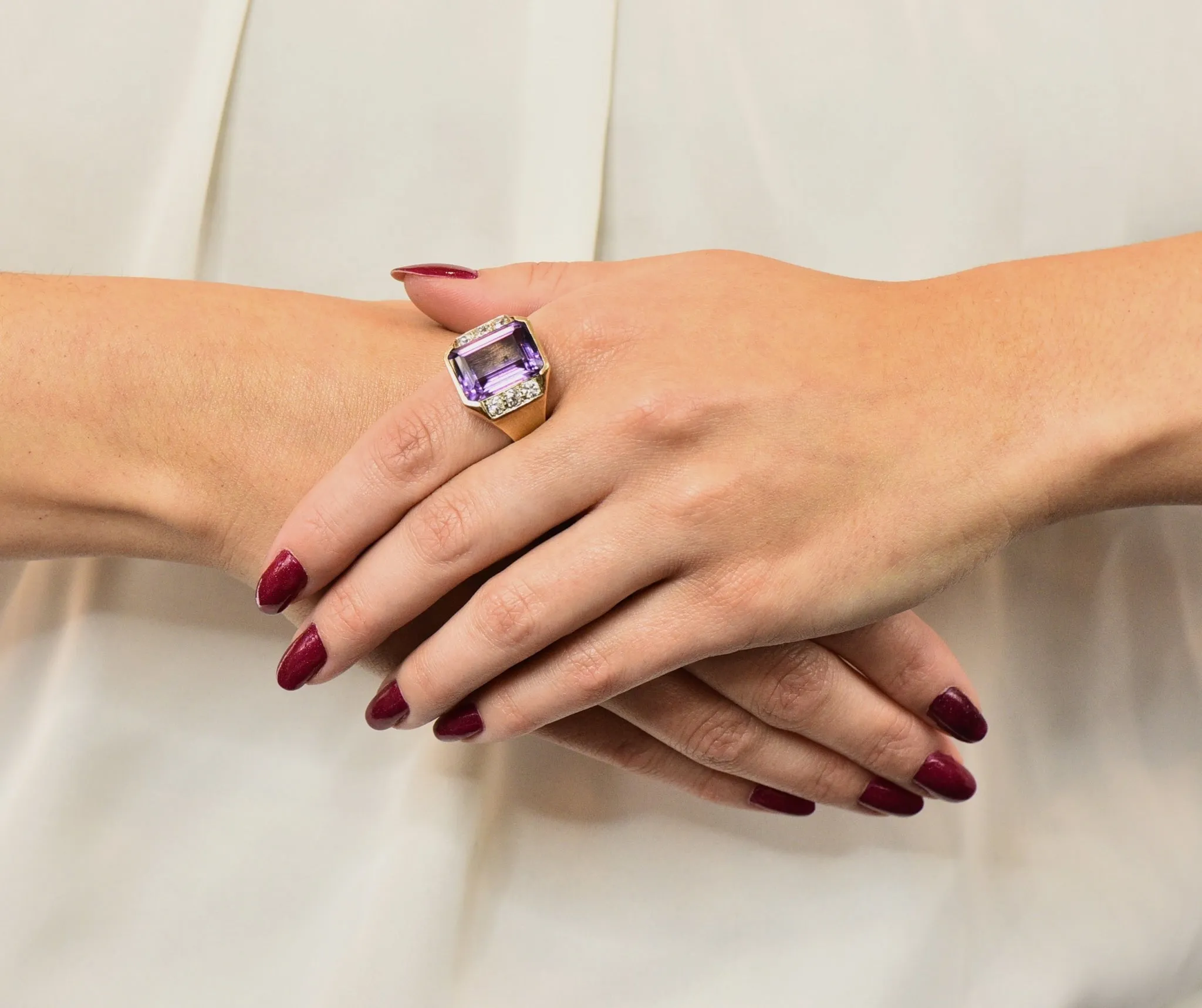 Vintage Emerald Cut Amethyst Diamond 14 Karat Gold Statement Ring