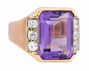 Vintage Emerald Cut Amethyst Diamond 14 Karat Gold Statement Ring