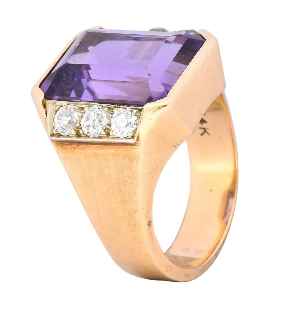 Vintage Emerald Cut Amethyst Diamond 14 Karat Gold Statement Ring