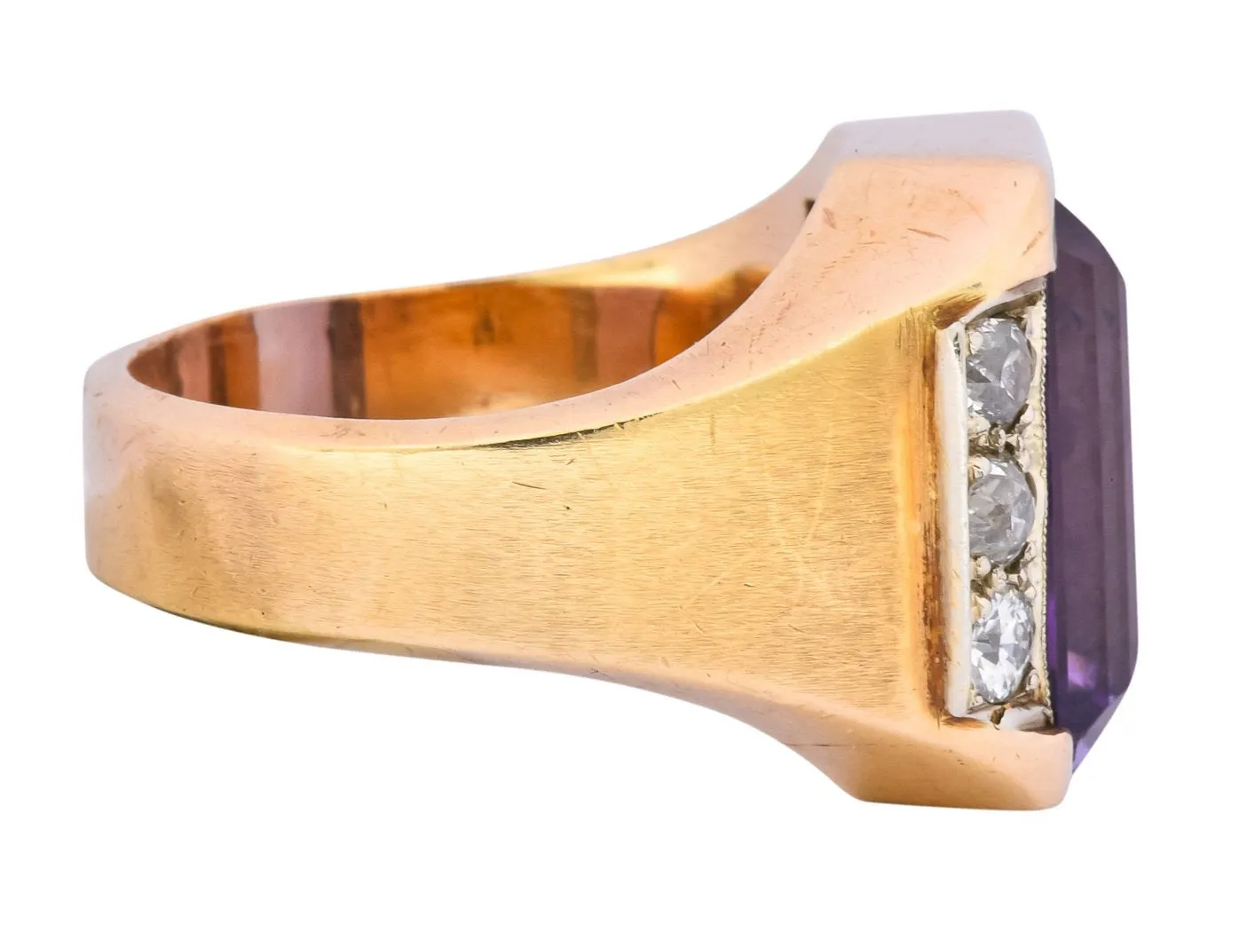 Vintage Emerald Cut Amethyst Diamond 14 Karat Gold Statement Ring