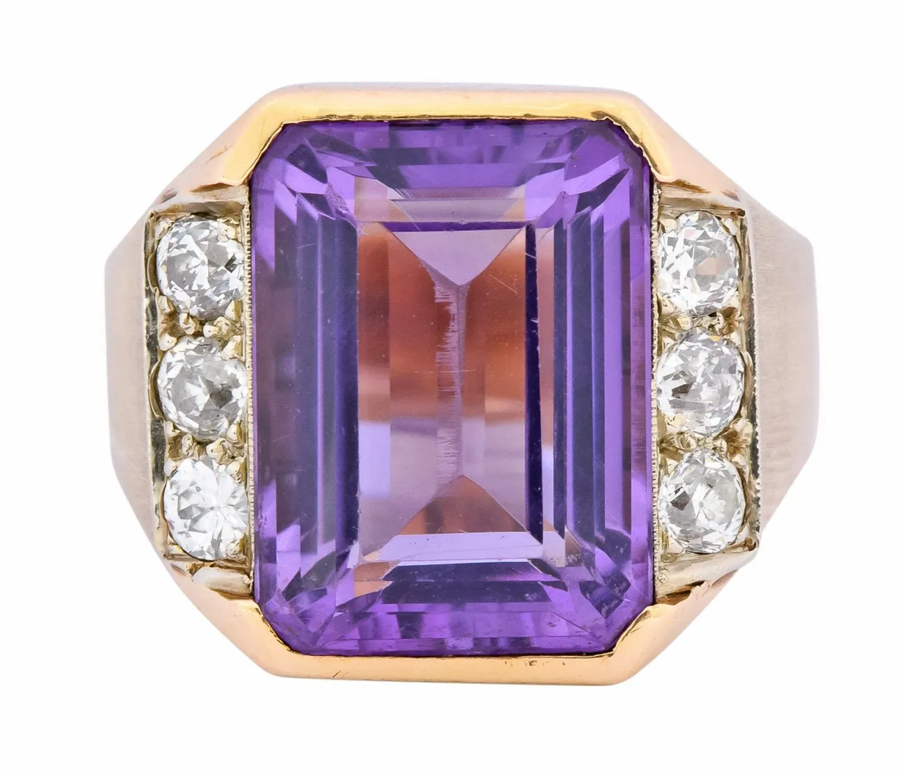 Vintage Emerald Cut Amethyst Diamond 14 Karat Gold Statement Ring