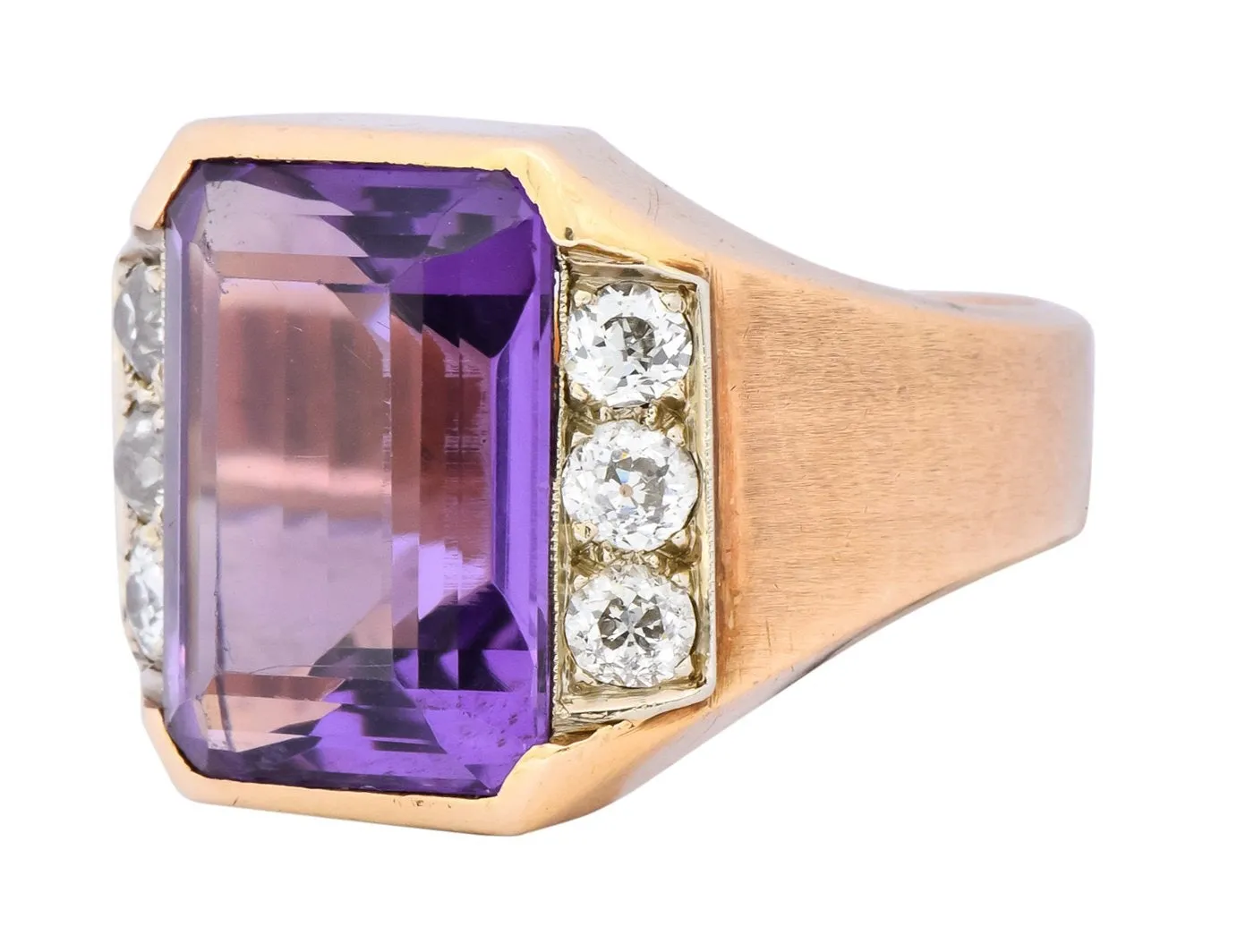 Vintage Emerald Cut Amethyst Diamond 14 Karat Gold Statement Ring