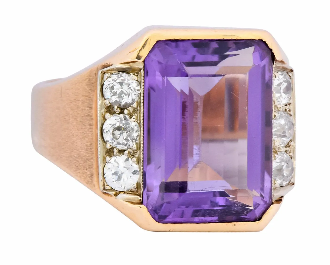 Vintage Emerald Cut Amethyst Diamond 14 Karat Gold Statement Ring