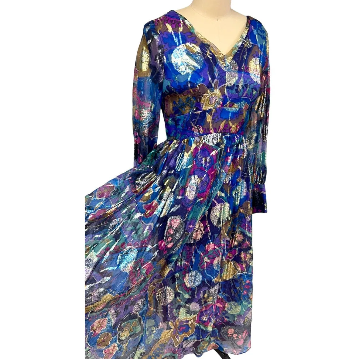 Vintage Metallic Silk Chiffon Designer Gown Hartley Westwood 1970S 34-30-36 1970s