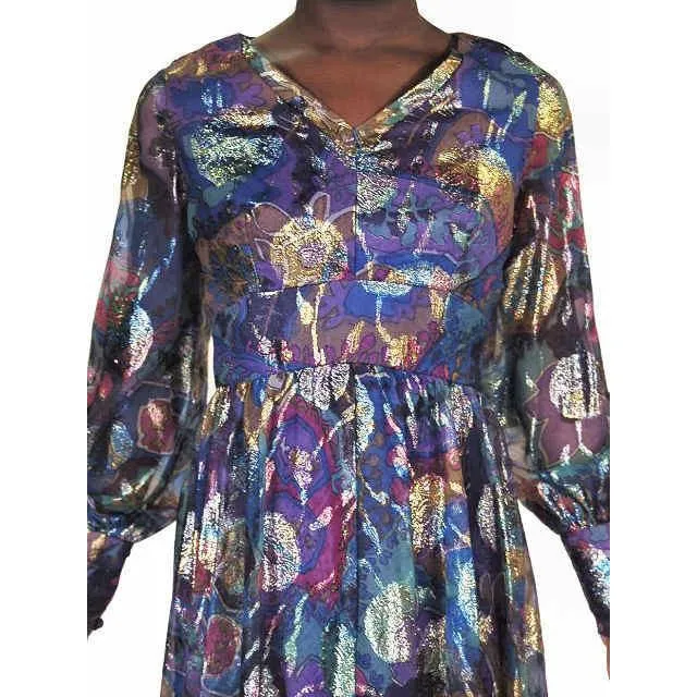 Vintage Metallic Silk Chiffon Designer Gown Hartley Westwood 1970S 34-30-36 1970s