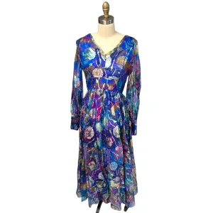 Vintage Metallic Silk Chiffon Designer Gown Hartley Westwood 1970S 34-30-36 1970s
