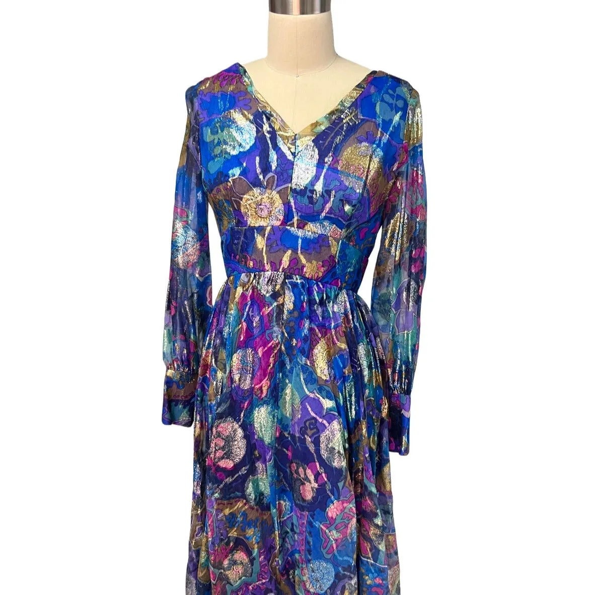 Vintage Metallic Silk Chiffon Designer Gown Hartley Westwood 1970S 34-30-36 1970s