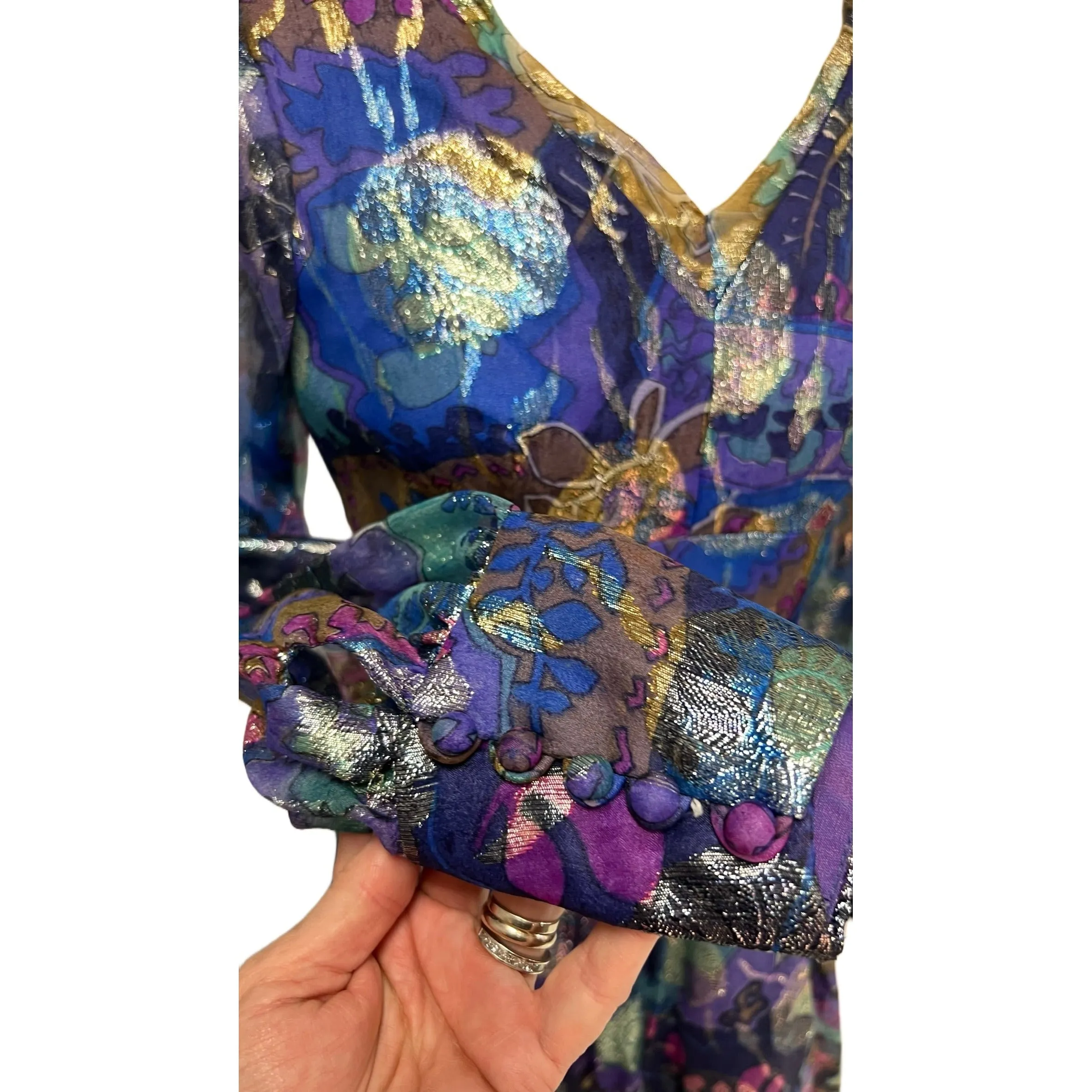 Vintage Metallic Silk Chiffon Designer Gown Hartley Westwood 1970S 34-30-36 1970s