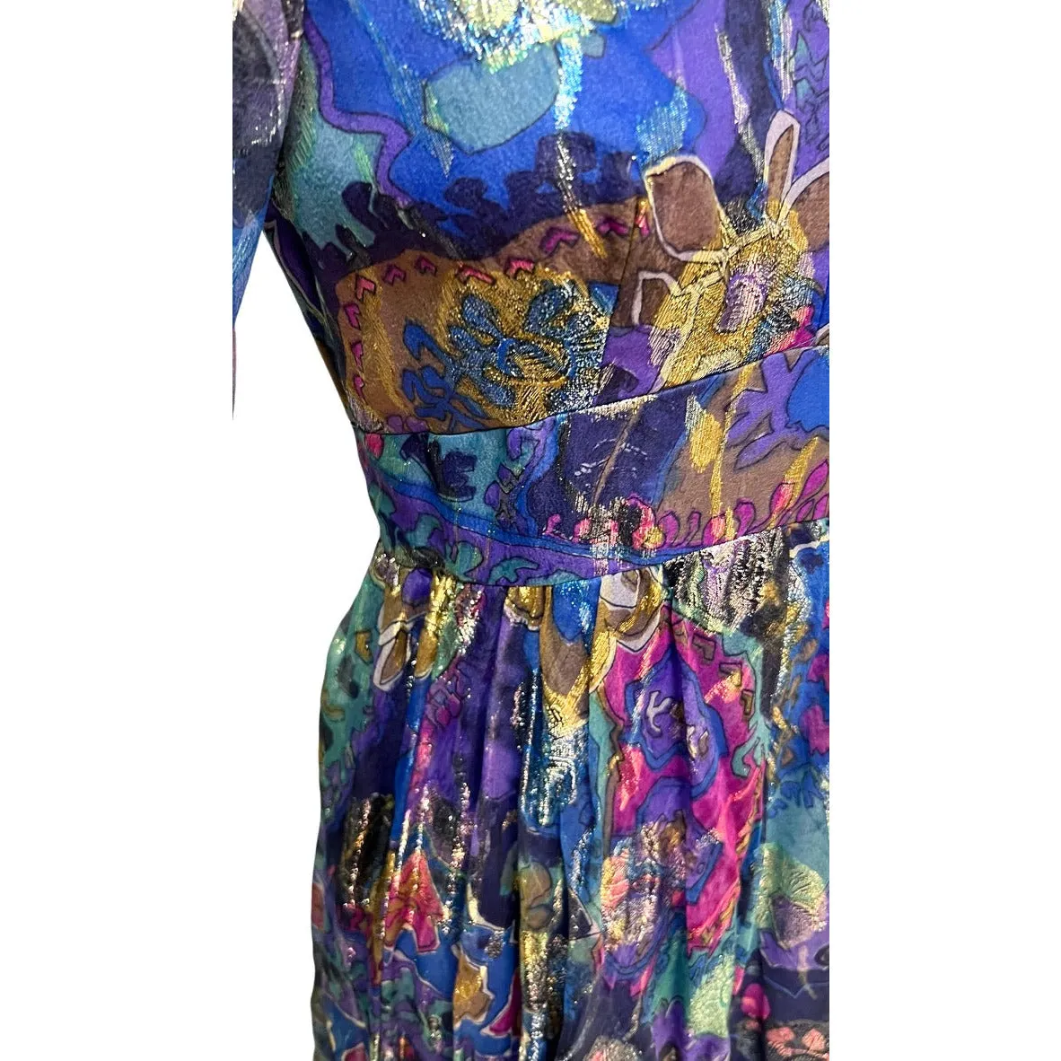 Vintage Metallic Silk Chiffon Designer Gown Hartley Westwood 1970S 34-30-36 1970s