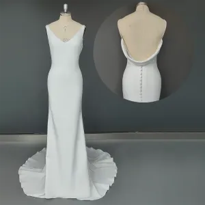 Wedding Dress Long Train Backless Buttons Draped