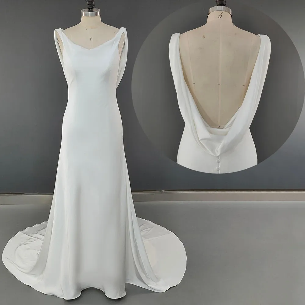 Wedding Dress Long Train Backless Buttons Draped