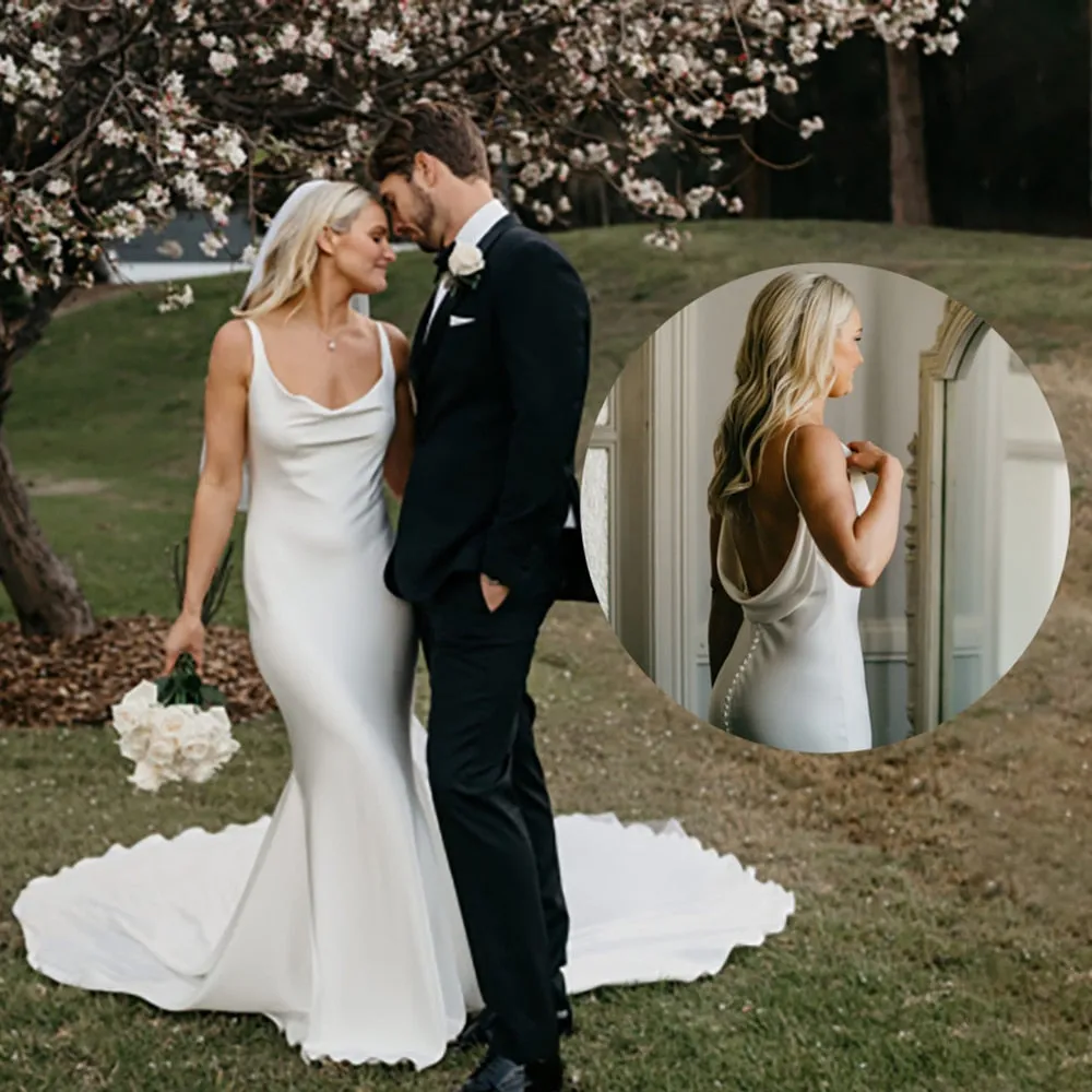 Wedding Dress Long Train Backless Buttons Draped