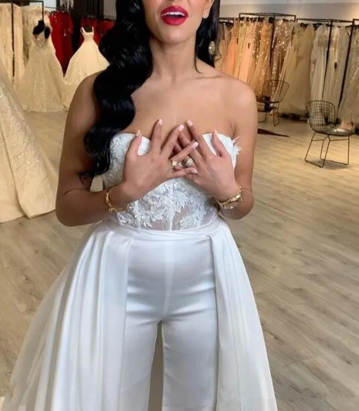 Wedding Jumpsuit/Pant Suits With Removable Skirt Long Train Applique Lace Bodice