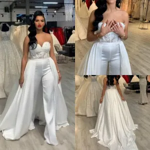 Wedding Jumpsuit/Pant Suits With Removable Skirt Long Train Applique Lace Bodice