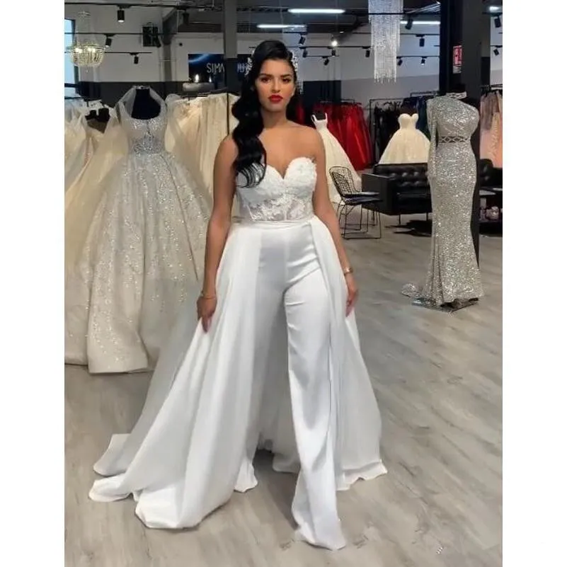 Wedding Jumpsuit/Pant Suits With Removable Skirt Long Train Applique Lace Bodice