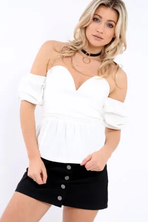 White Bardot V Plunge Ruffle Hem Top - Norah