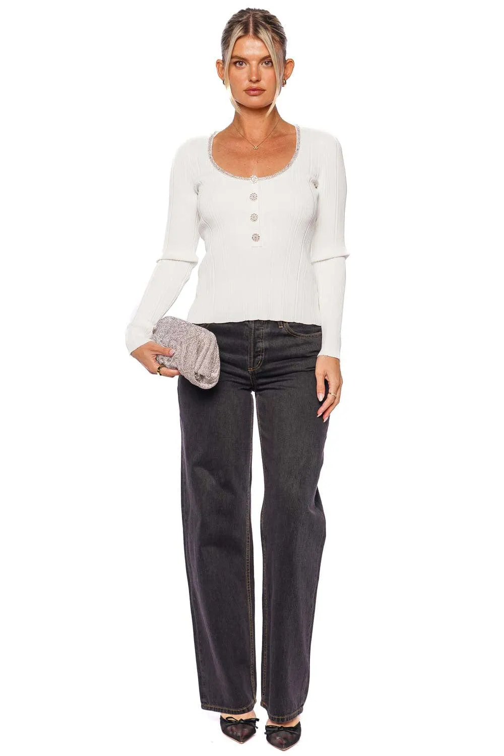 White Embellished Ribbed Knit Top