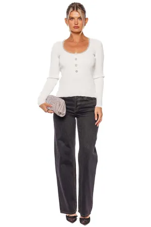 White Embellished Ribbed Knit Top
