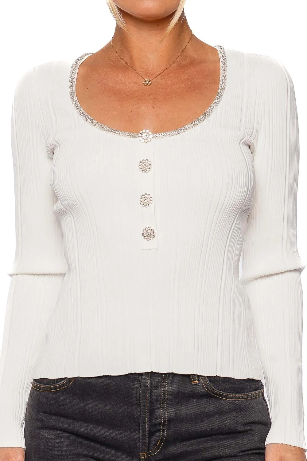 White Embellished Ribbed Knit Top
