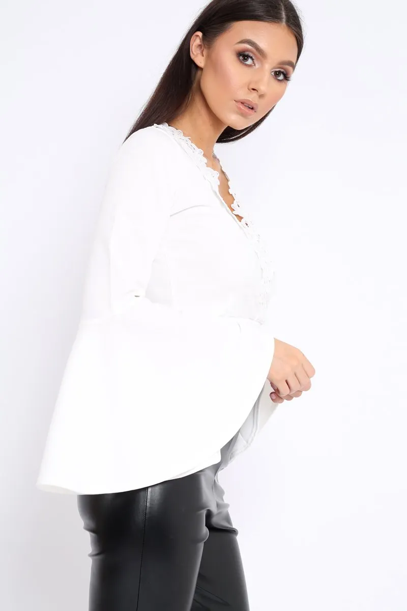 White Extreme Flared Sleeved Embroidery Crop Top - Talisa