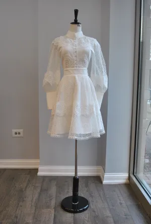 WHITE FIT AND FLAIR DRESS WITH LACE DETAIL