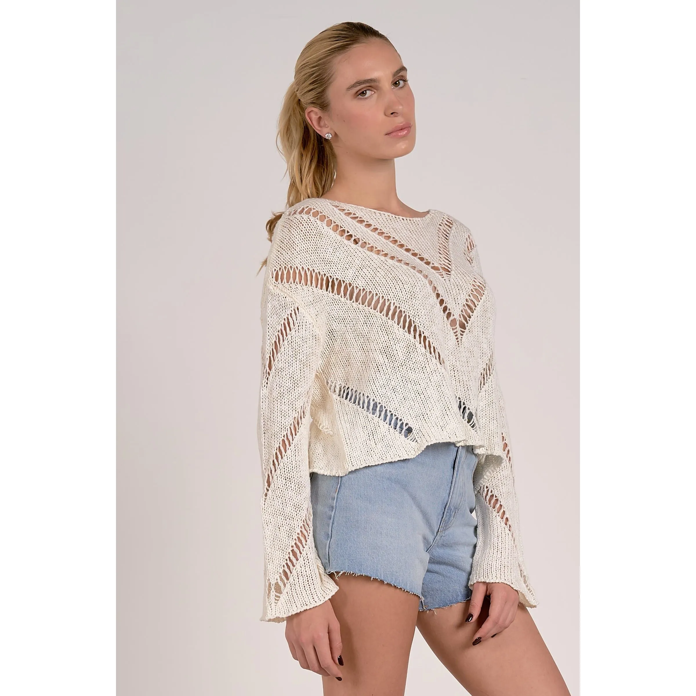 White Knit Sweater with Cut Out Detailing