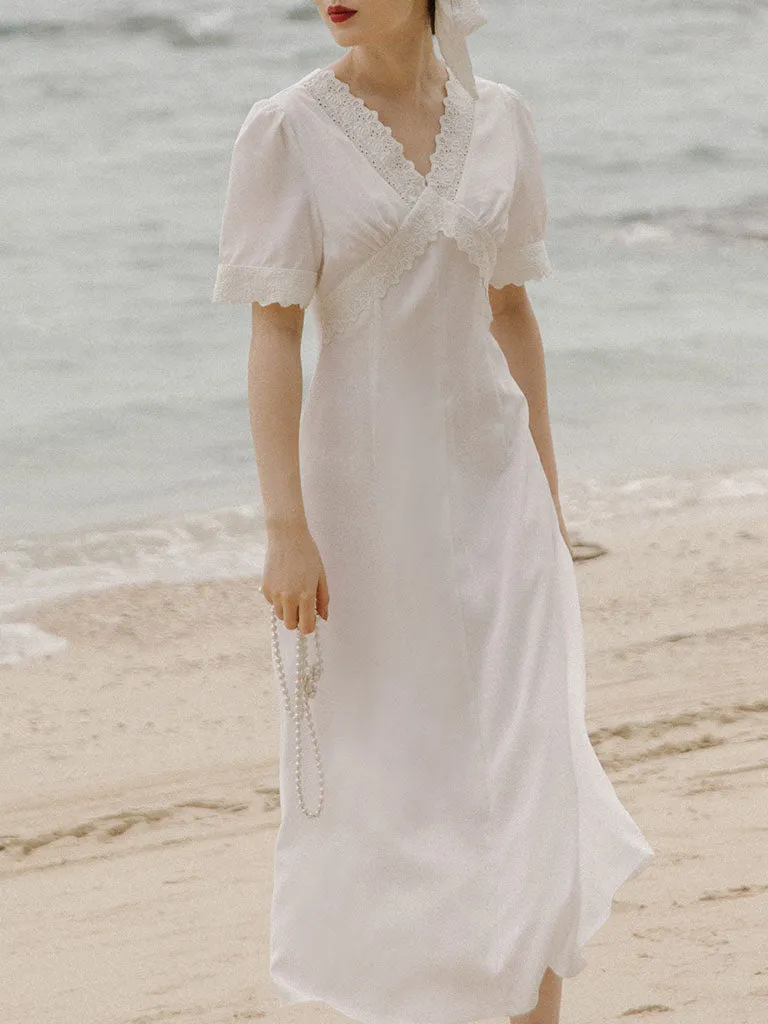 White Lace V-Neck Slim Fit Vintage 1920S Dress