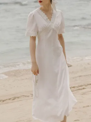 White Lace V-Neck Slim Fit Vintage 1920S Dress