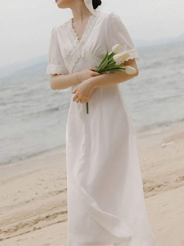 White Lace V-Neck Slim Fit Vintage 1920S Dress