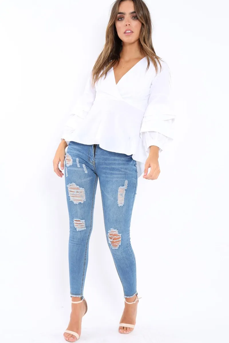 White Pleated Dip Hem Top - Avah