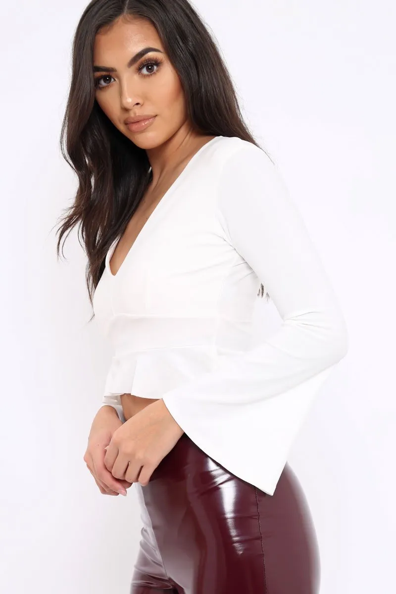 White Plunge Flare Sleeve Crop Top with Frill Hem - Masie
