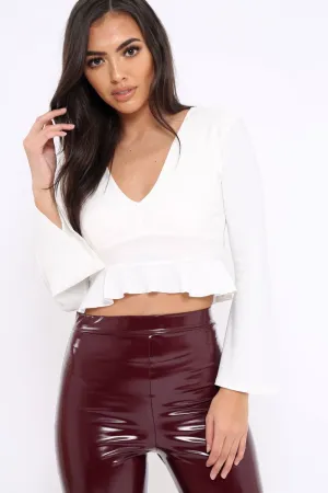 White Plunge Flare Sleeve Crop Top with Frill Hem - Masie