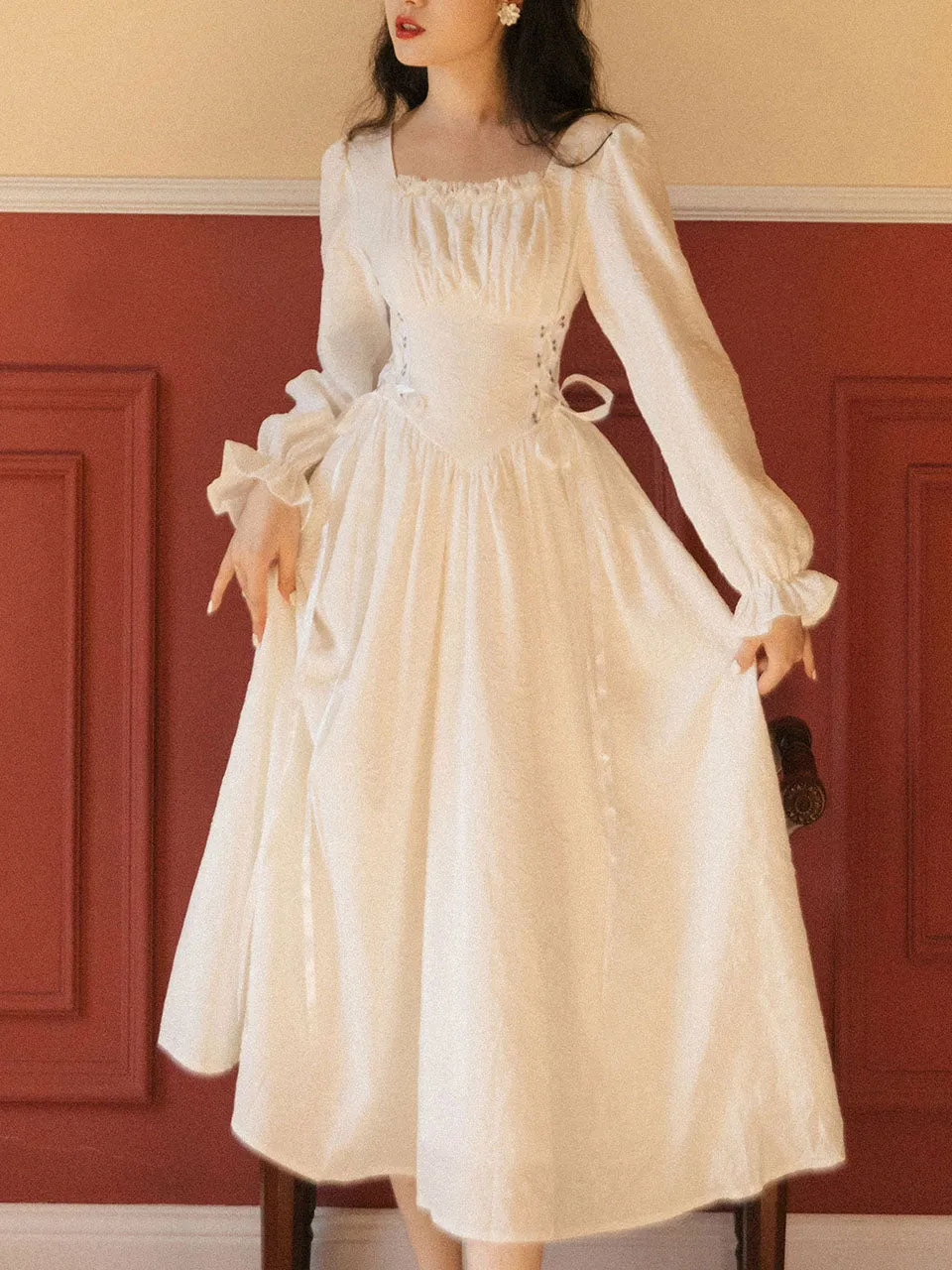 White Ruffles Jacquard Long Sleeve Waist Strap Vintage 1950S Victoria's Fairy Dress