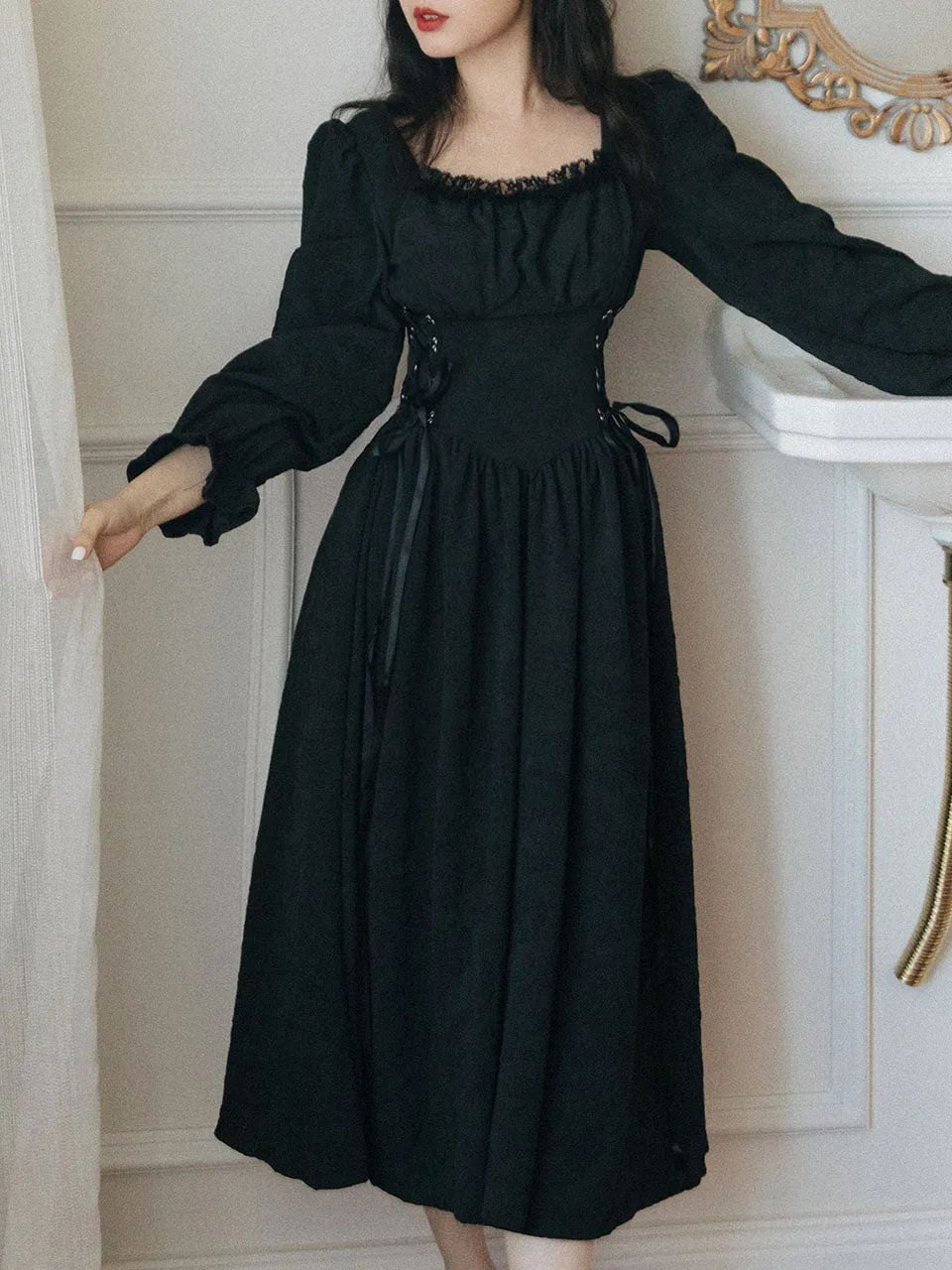 White Ruffles Jacquard Long Sleeve Waist Strap Vintage 1950S Victoria's Fairy Dress