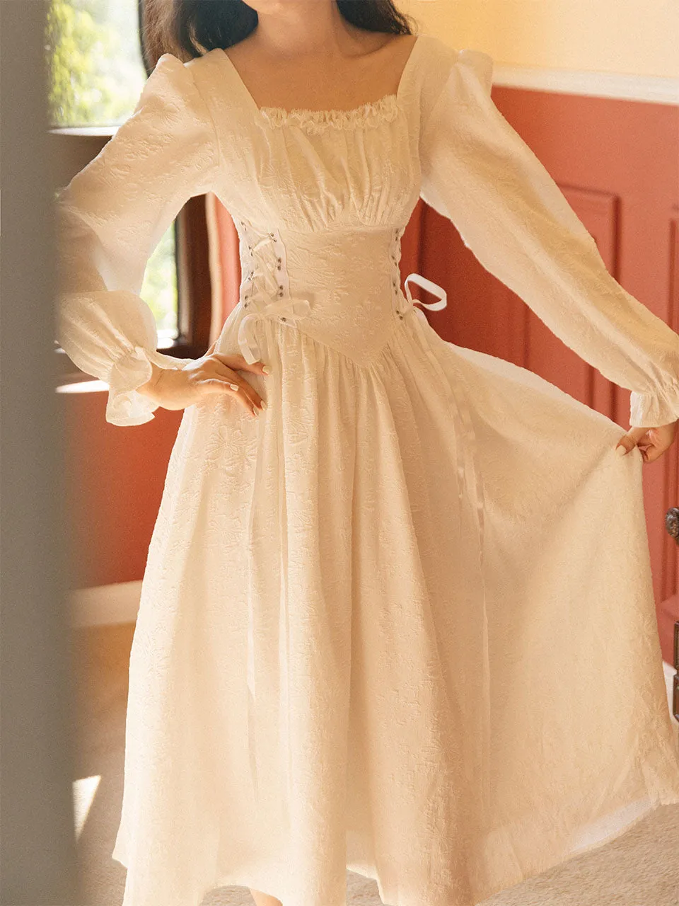 White Ruffles Jacquard Long Sleeve Waist Strap Vintage 1950S Victoria's Fairy Dress