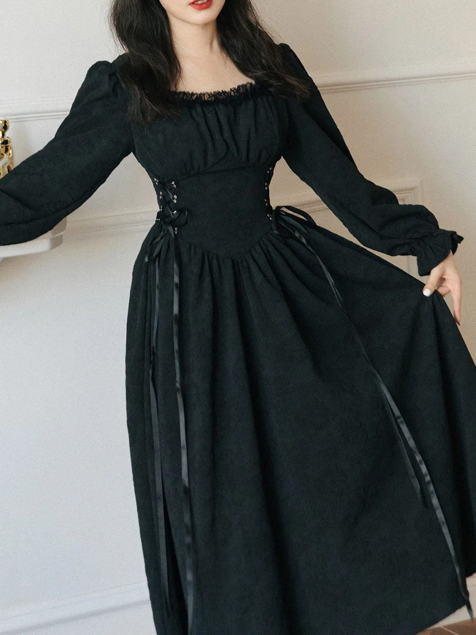 White Ruffles Jacquard Long Sleeve Waist Strap Vintage 1950S Victoria's Fairy Dress