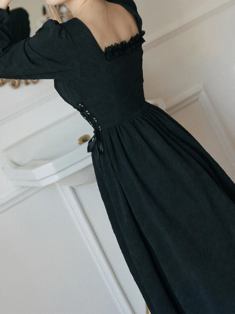 White Ruffles Jacquard Long Sleeve Waist Strap Vintage 1950S Victoria's Fairy Dress