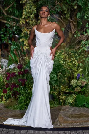 WHITE STRAPLESS CORSET JERSEY DRAPED GOWN