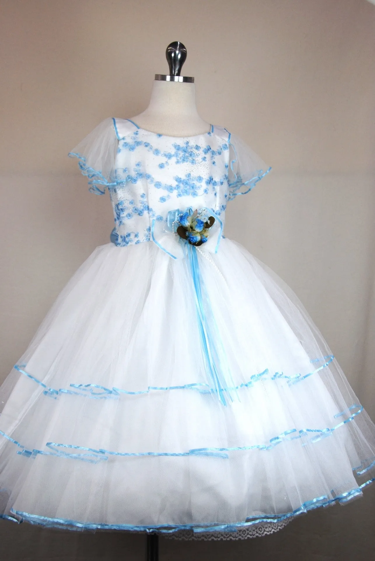 White with Mint Embroidered Top Tulle Skirt Dress D 509