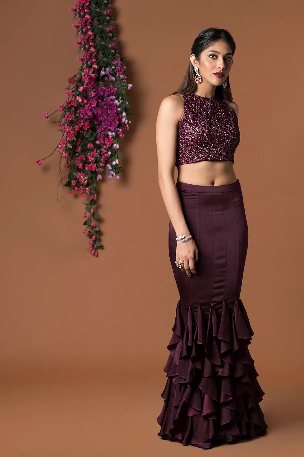 Wine Ctop Top With Ruffle Skirt