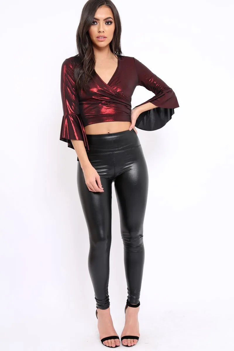 Wine Metallic Plunge Bell Sleeve Crop Top - Merla
