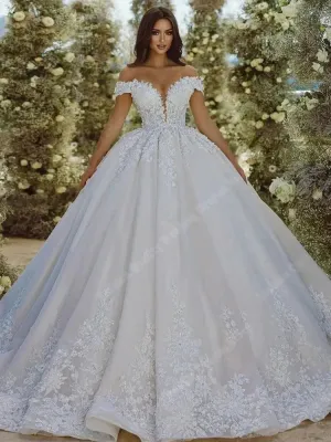 Women Wedding Dresses V-Neck Shine Decals Bridal Gowns Floor Mopping