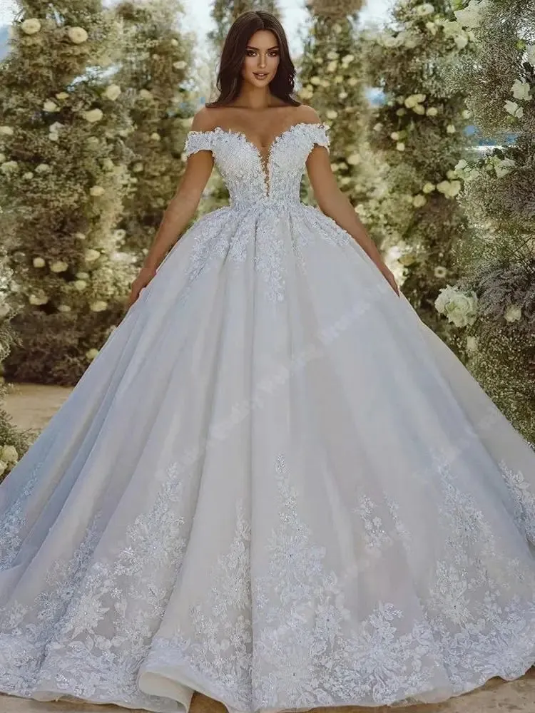 Women Wedding Dresses V-Neck Shine Decals Bridal Gowns Floor Mopping