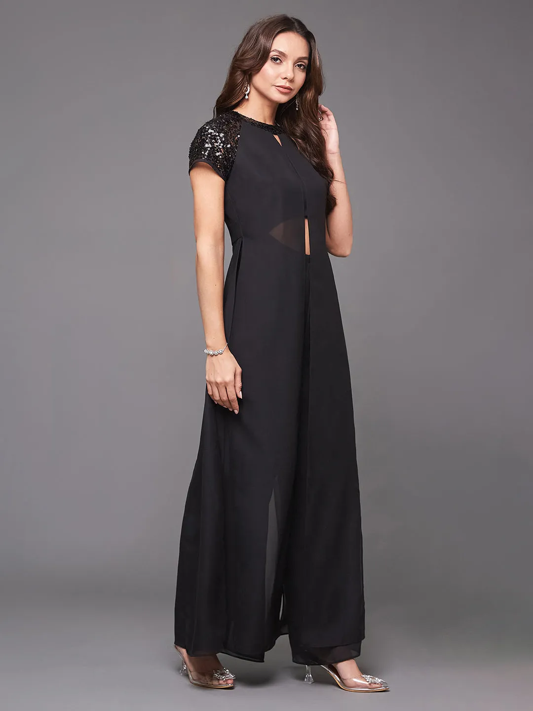 Women's Black Solid Round-Neck Raglan-Short Sleeves Sequined Panel Layered Party Jumpsuit