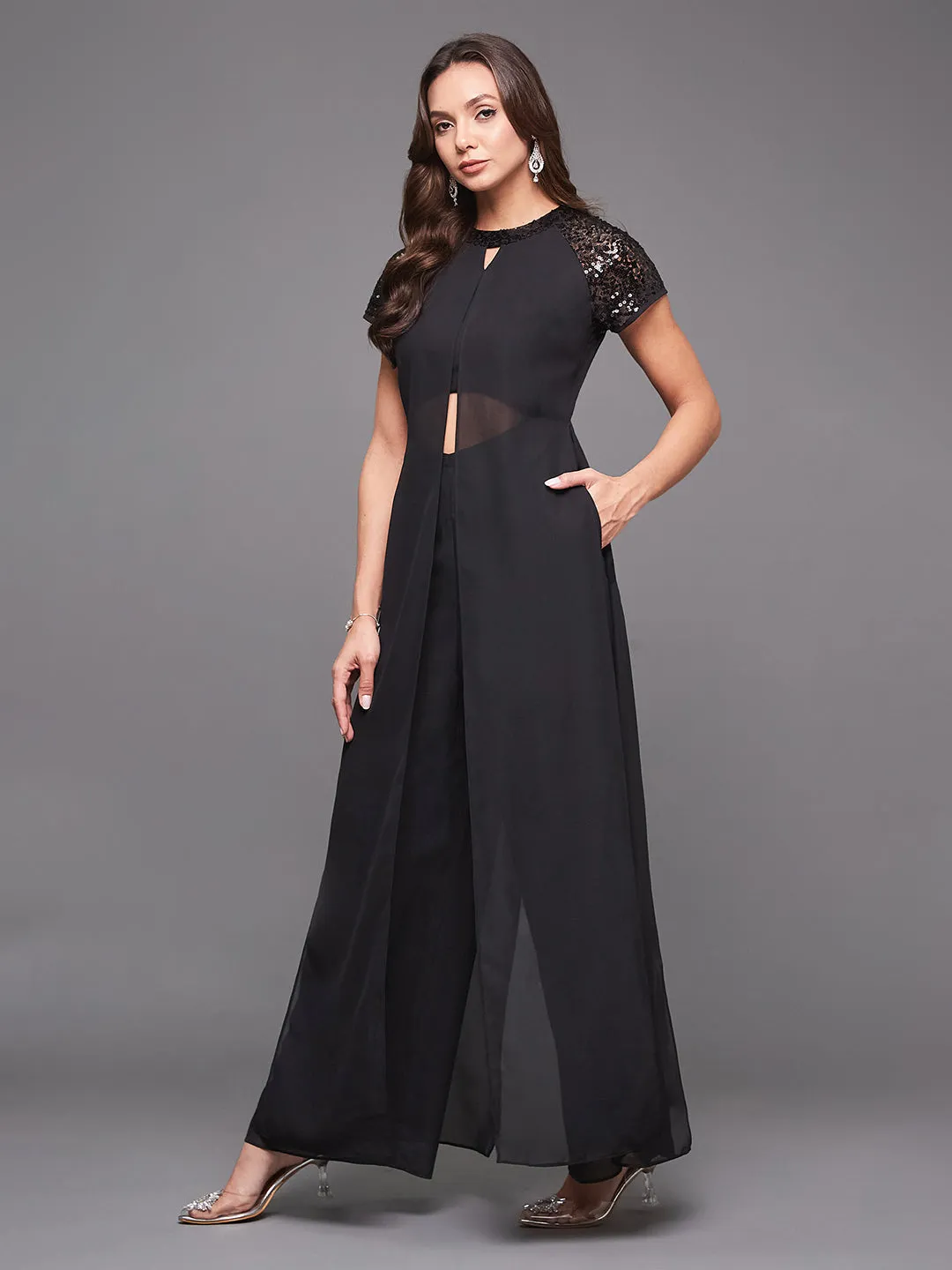 Women's Black Solid Round-Neck Raglan-Short Sleeves Sequined Panel Layered Party Jumpsuit