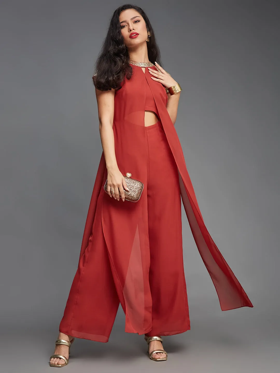 Women's Brick Red Solid Regular-Length Round-Neck Raglan-Short Sleeves Sequin Panel Layered Embellished Polyester Jumpsuit