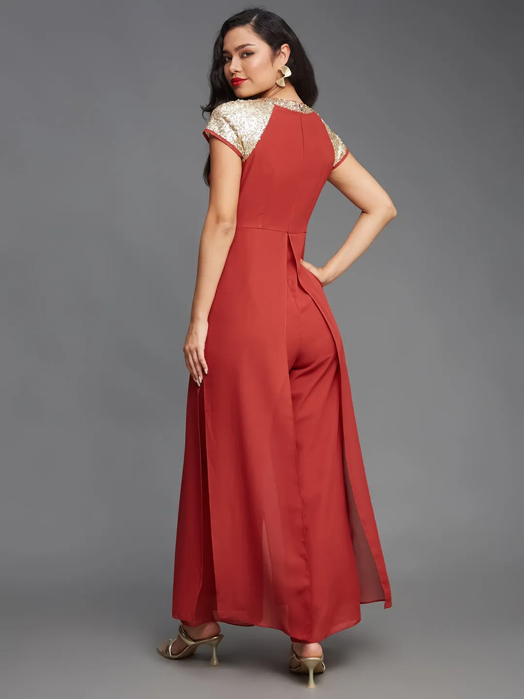 Women's Brick Red Solid Regular-Length Round-Neck Raglan-Short Sleeves Sequin Panel Layered Embellished Polyester Jumpsuit