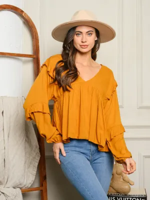 WOMEN'S LONG RUFFLE SLEEVE V-NECK TOP